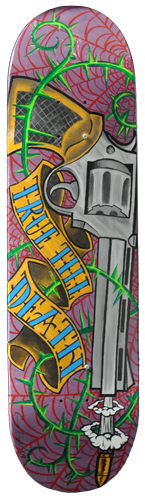 True 'Till Death acrylic painting on skateboard deck. Local Tattoo Lansing Michigan Greg Drake painting.