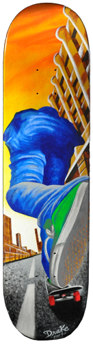 Keep On Pushing acrylic painting on skateboard deck. Local Tattoo Lansing Michigan Greg Drake painting.