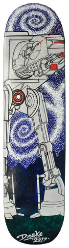 Star Wars ATAT Walker acrylic painting on skateboard deck. Local Tattoo Lansing Michigan Greg Drake painting.